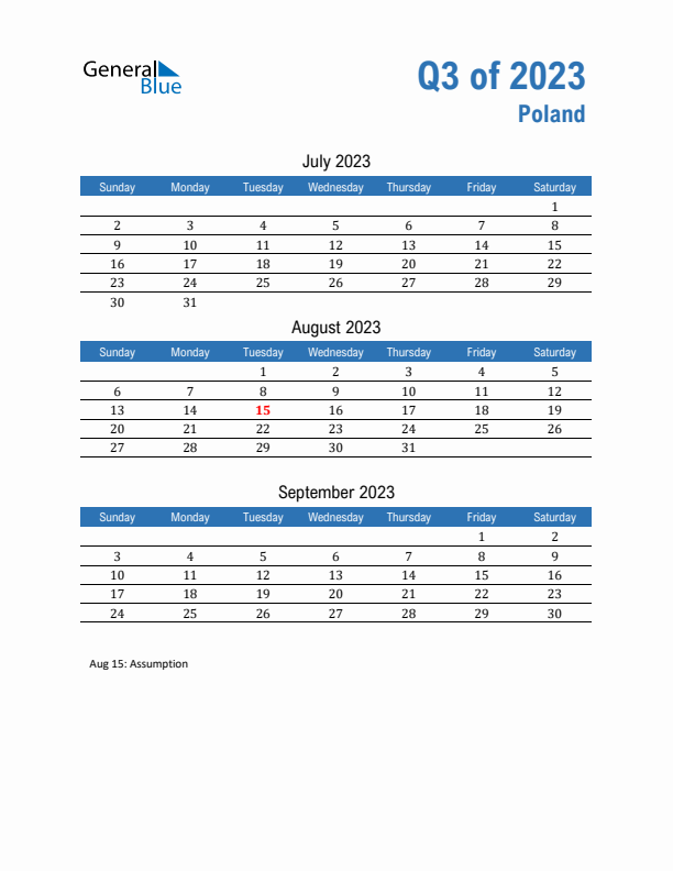 Poland 2023 Quarterly Calendar with Sunday Start