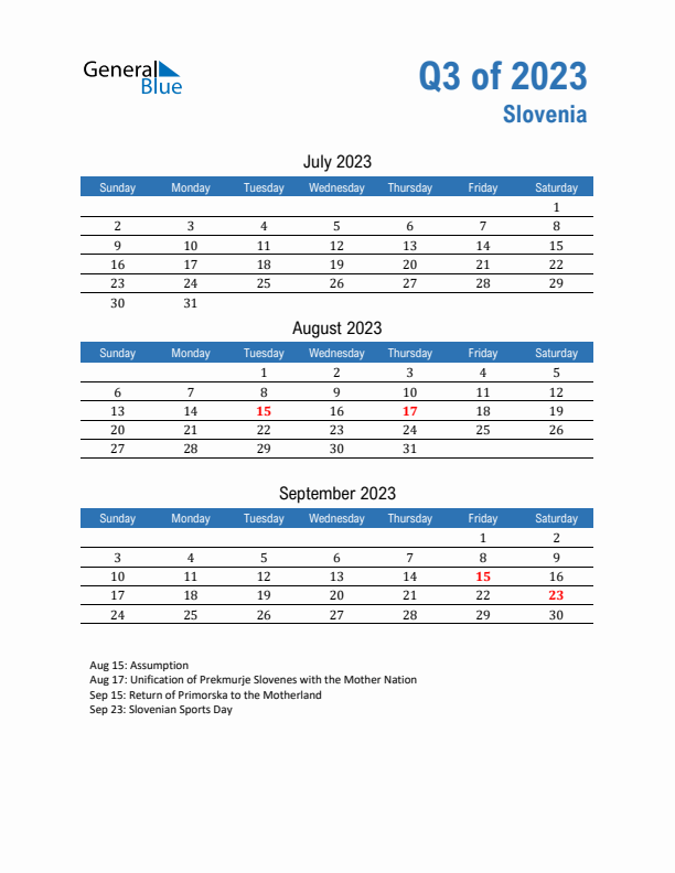 Slovenia 2023 Quarterly Calendar with Sunday Start
