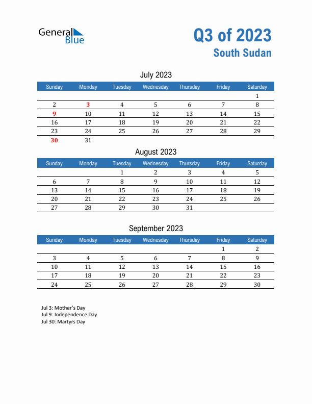 South Sudan 2023 Quarterly Calendar with Sunday Start