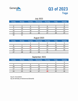 Togo Quarter 3  2023 calendar template