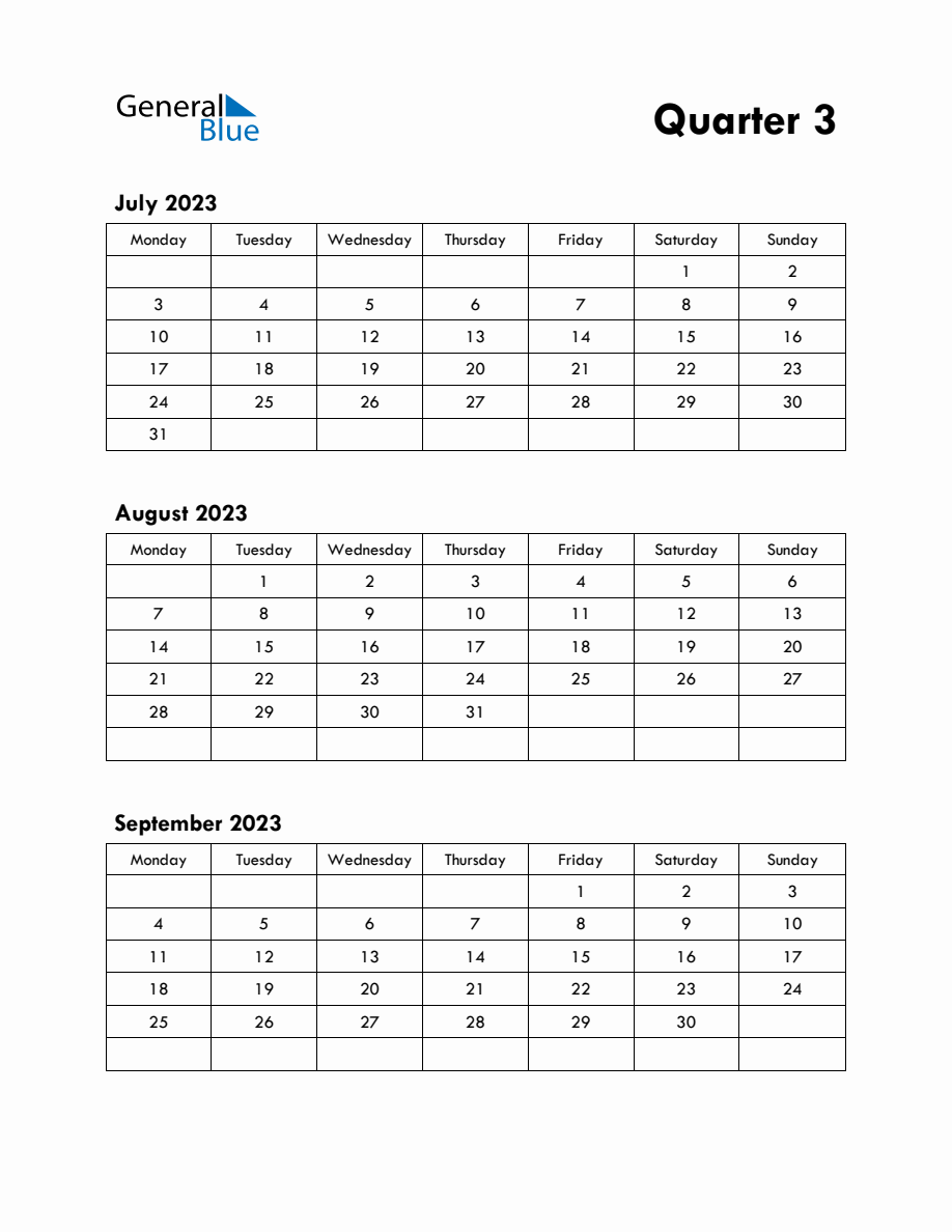 Quarter 3 2023 Calendar with Monday Start