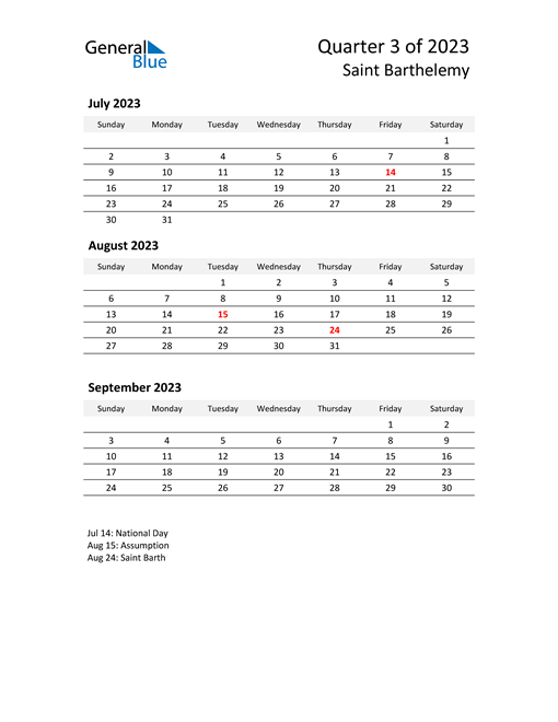  2023 Three-Month Calendar for Saint Barthelemy