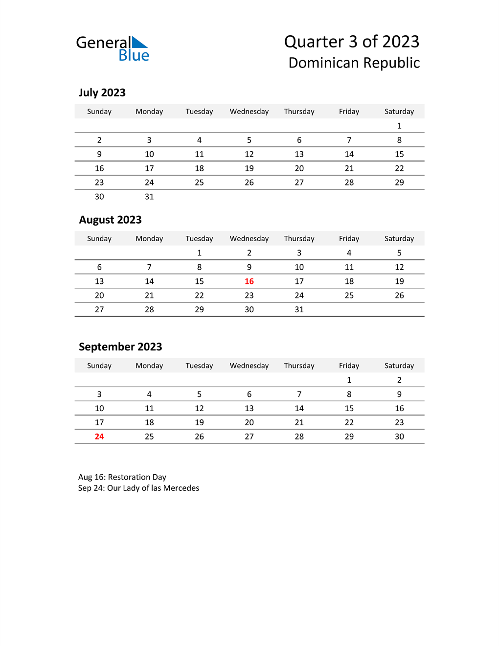  2023 Three-Month Calendar for Dominican Republic