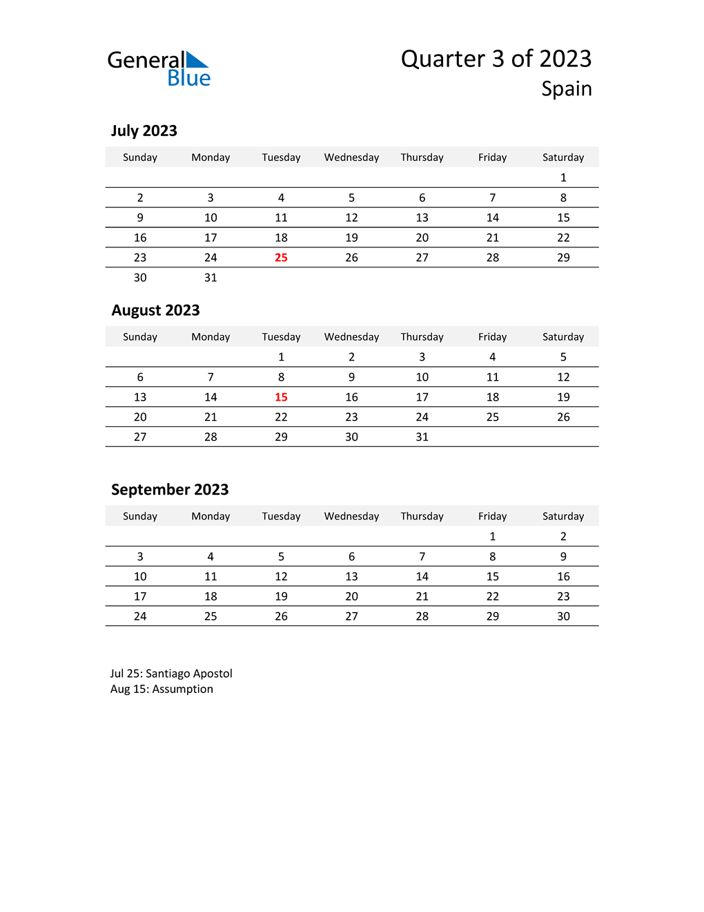  2023 Three-Month Calendar for Spain