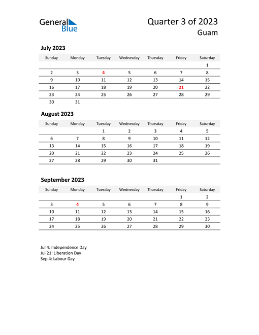  2023 Three-Month Calendar for Guam