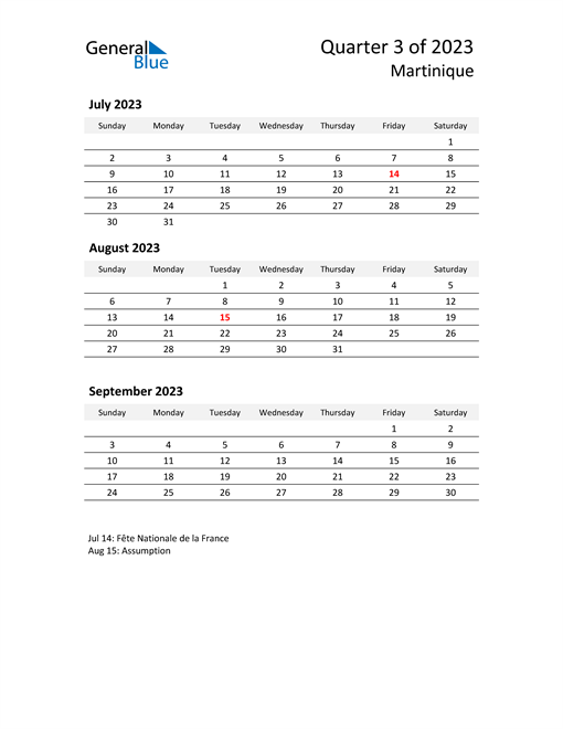  2023 Three-Month Calendar for Martinique