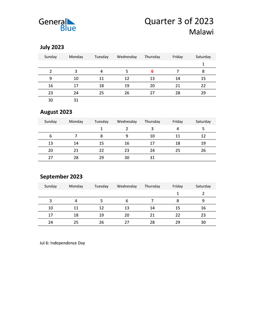  2023 Three-Month Calendar for Malawi