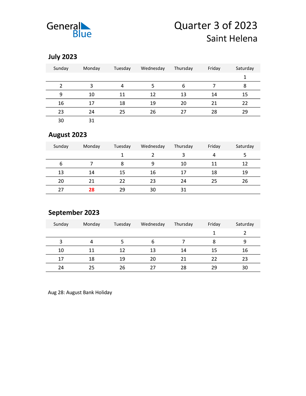  2023 Three-Month Calendar for Saint Helena