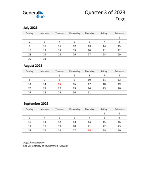  2023 Three-Month Calendar for Togo