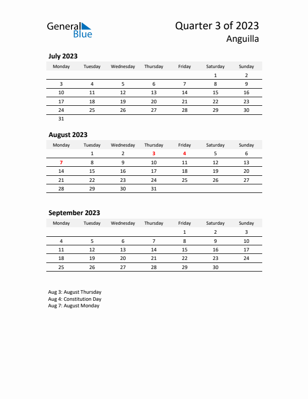 2023 Three-Month Calendar for Anguilla
