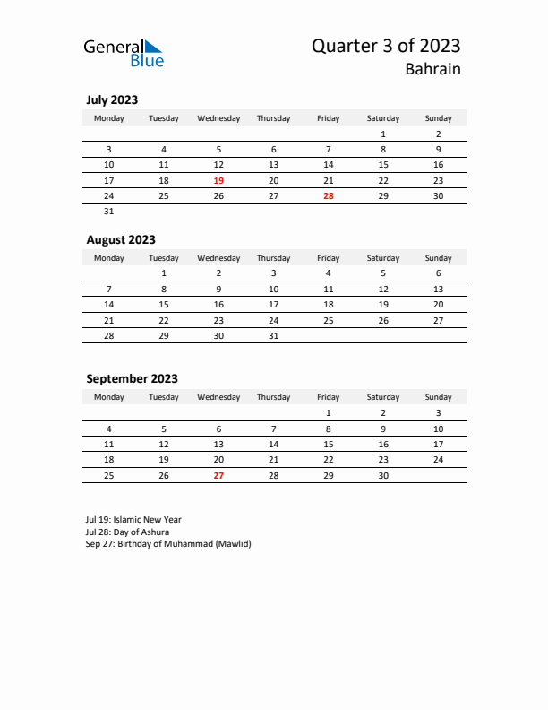 2023 Three-Month Calendar for Bahrain