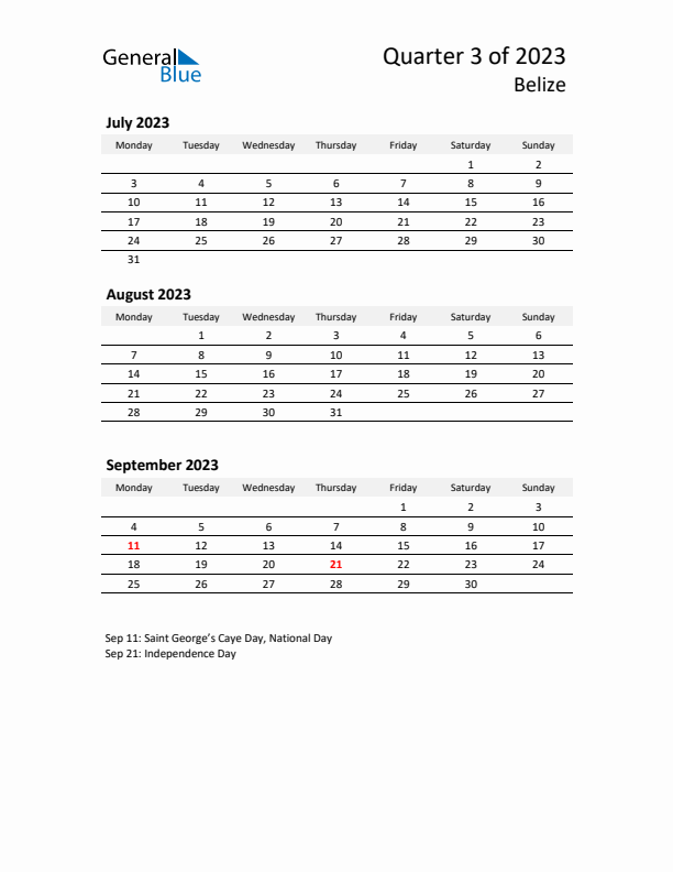 2023 Three-Month Calendar for Belize