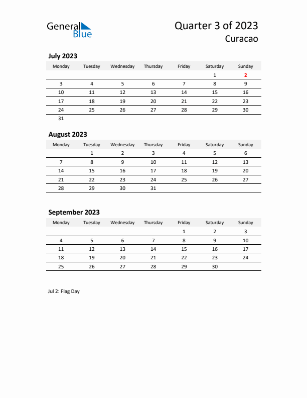 2023 Three-Month Calendar for Curacao
