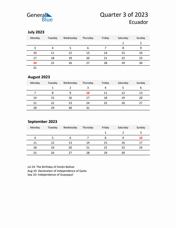 2023 Three-Month Calendar for Ecuador