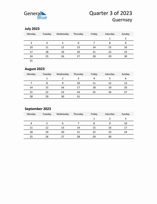 2023 Three-Month Calendar for Guernsey