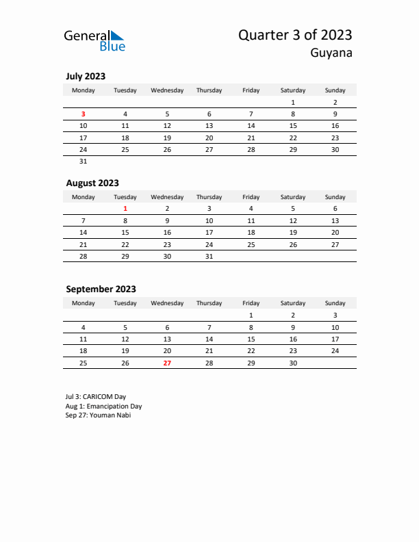 2023 Three-Month Calendar for Guyana