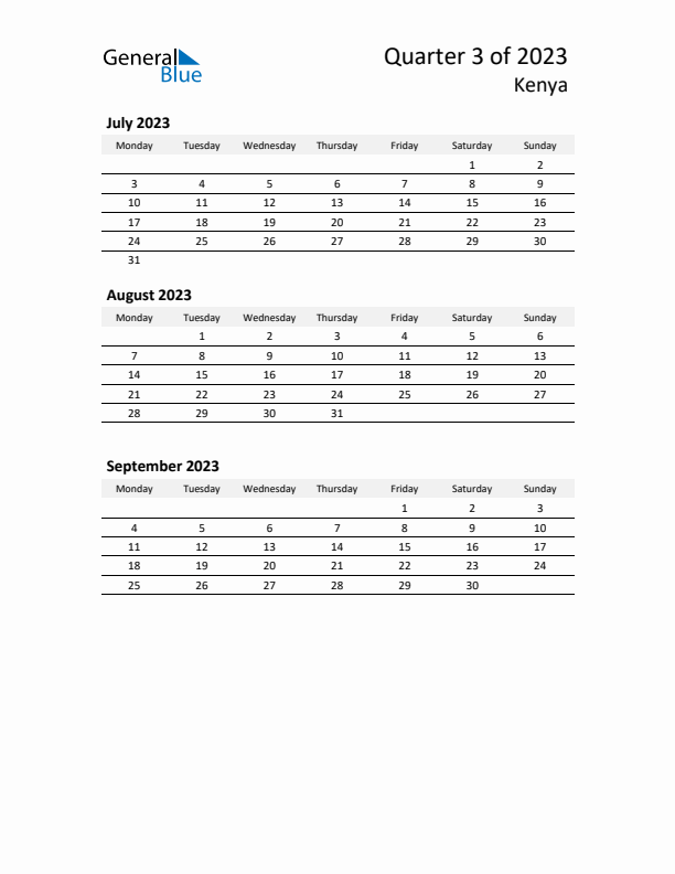 2023 Three-Month Calendar for Kenya