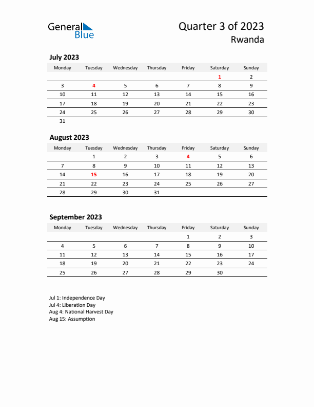 2023 Three-Month Calendar for Rwanda