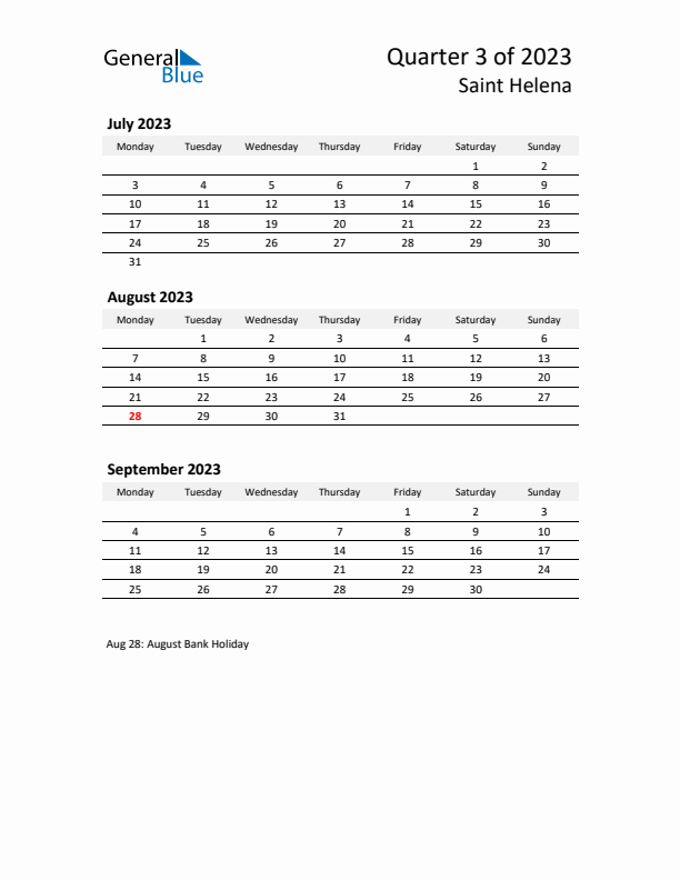 2023 Three-Month Calendar for Saint Helena