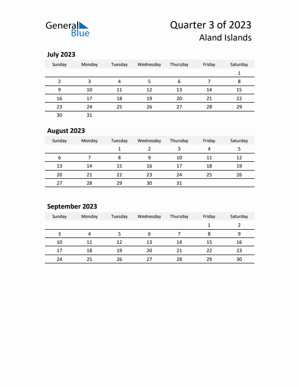 2023 Three-Month Calendar for Aland Islands