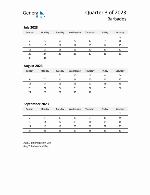 2023 Three-Month Calendar for Barbados