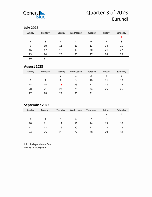 2023 Three-Month Calendar for Burundi