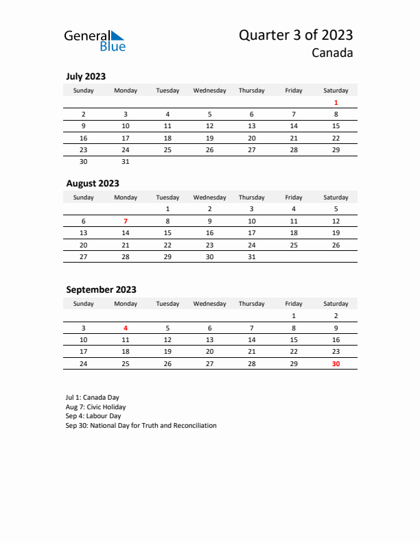2023 Three-Month Calendar for Canada