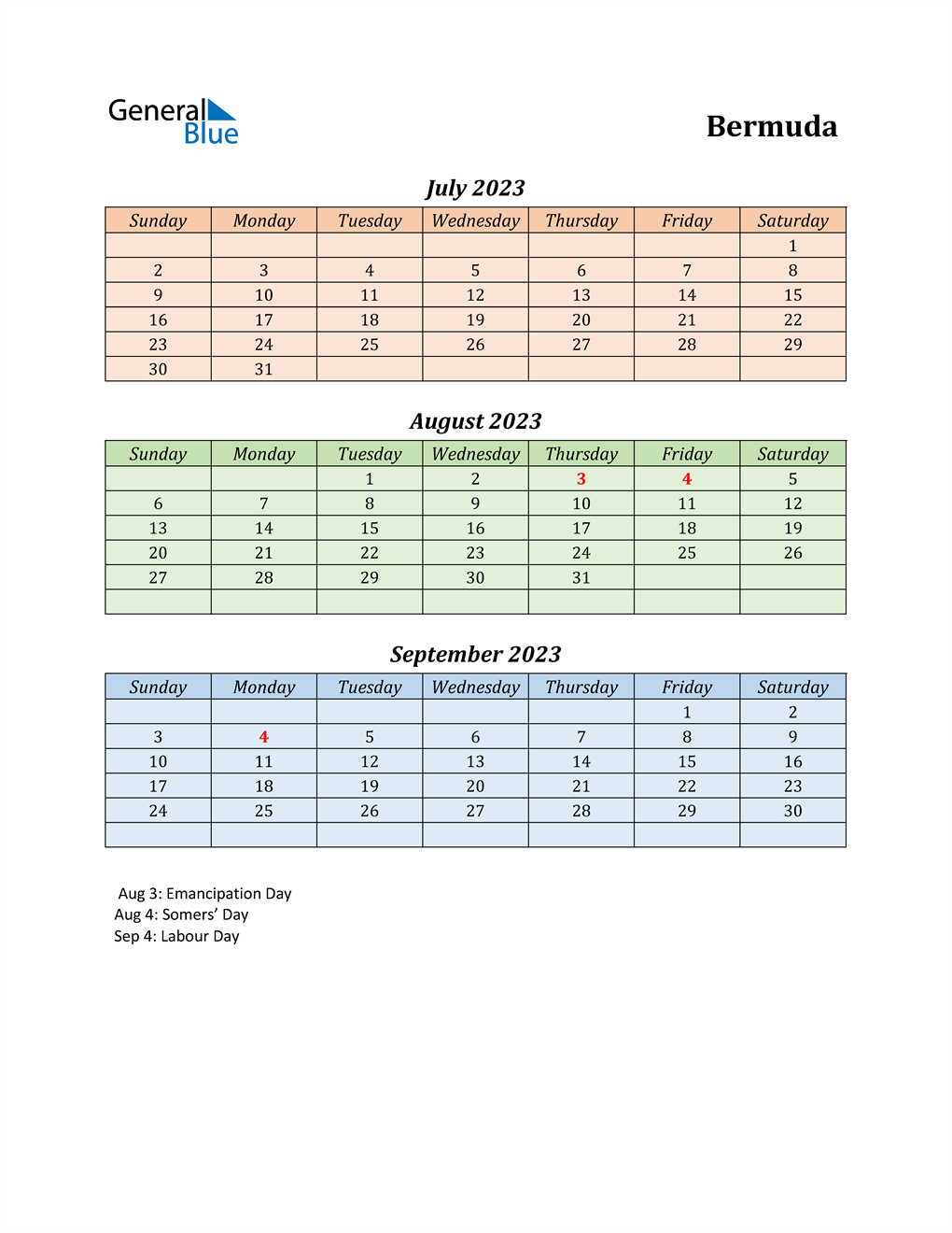 Q3 2023 Quarterly Calendar for Bermuda