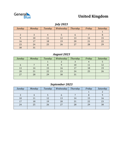 Q3 2023 Quarterly Calendar with United Kingdom Holidays