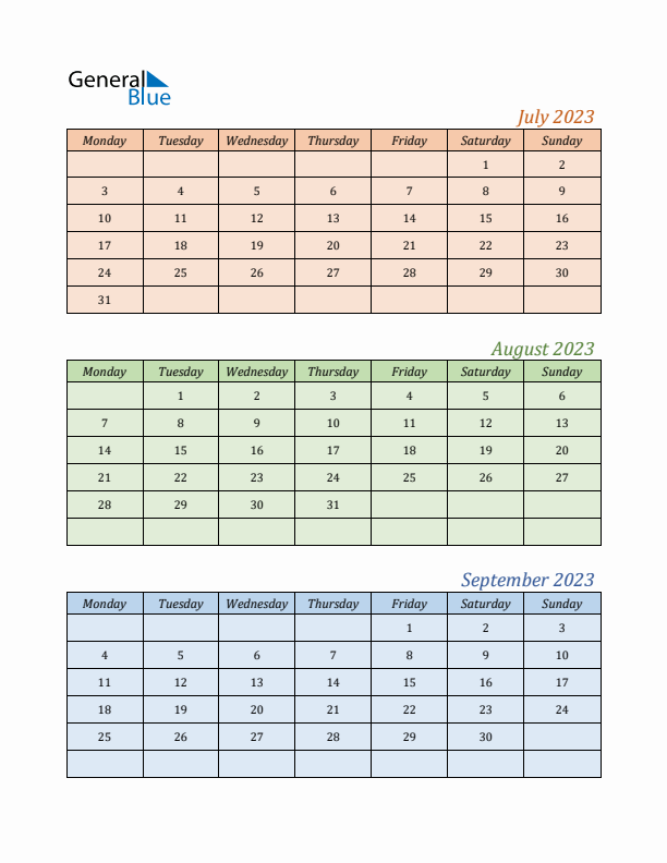 Three-Month Calendar for Year 2023 (July, August, and September)