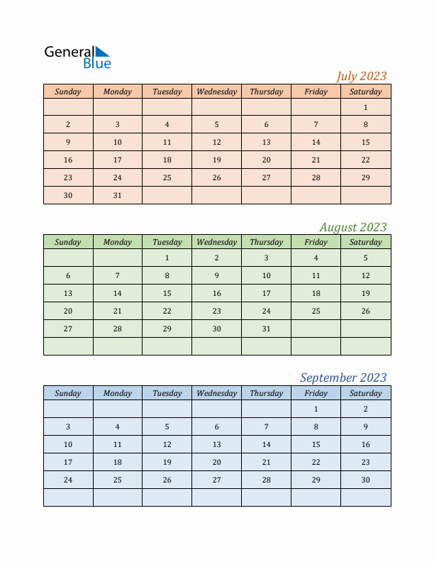 Three-Month Calendar for Year 2023 (July, August, and September)