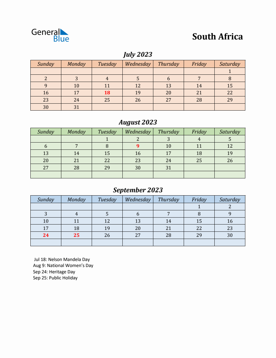 Q3 2023 Holiday Calendar South Africa 1770