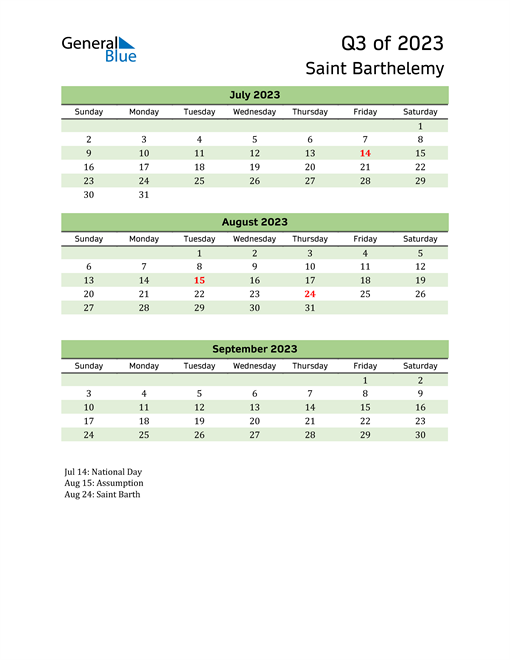  Quarterly Calendar 2023 with Saint Barthelemy Holidays 