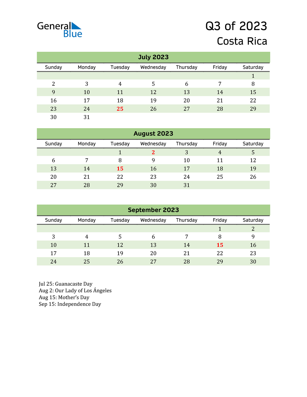  Quarterly Calendar 2023 with Costa Rica Holidays 