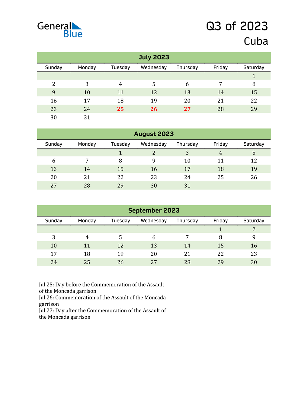  Quarterly Calendar 2023 with Cuba Holidays 