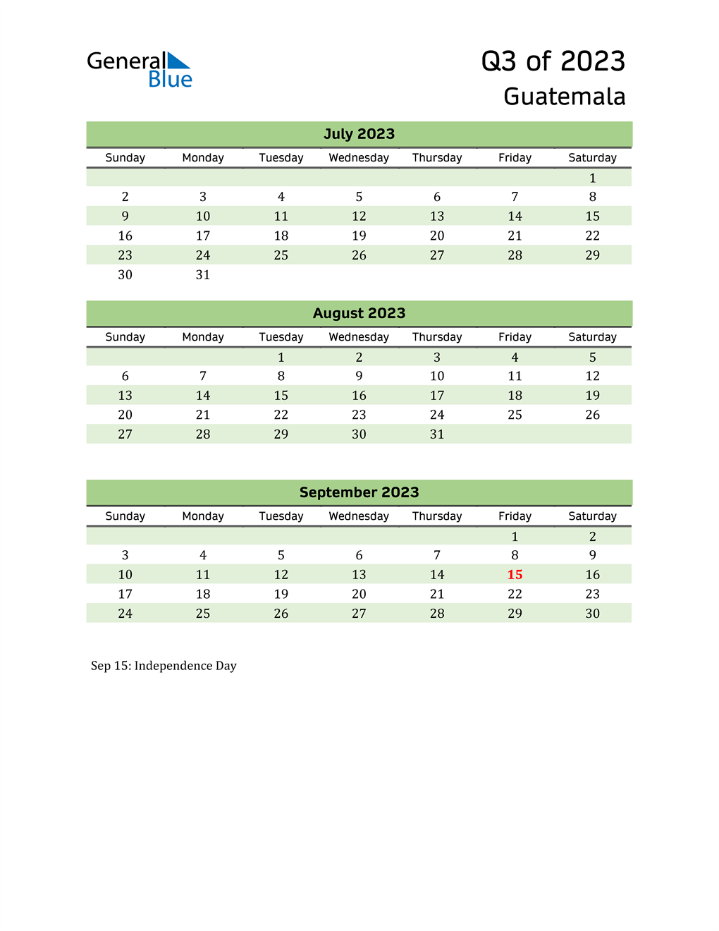  Quarterly Calendar 2023 with Guatemala Holidays 
