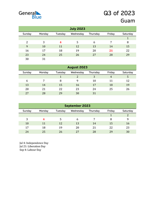  Quarterly Calendar 2023 with Guam Holidays 
