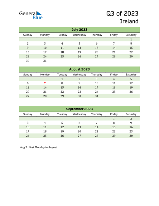  Quarterly Calendar 2023 with Ireland Holidays 