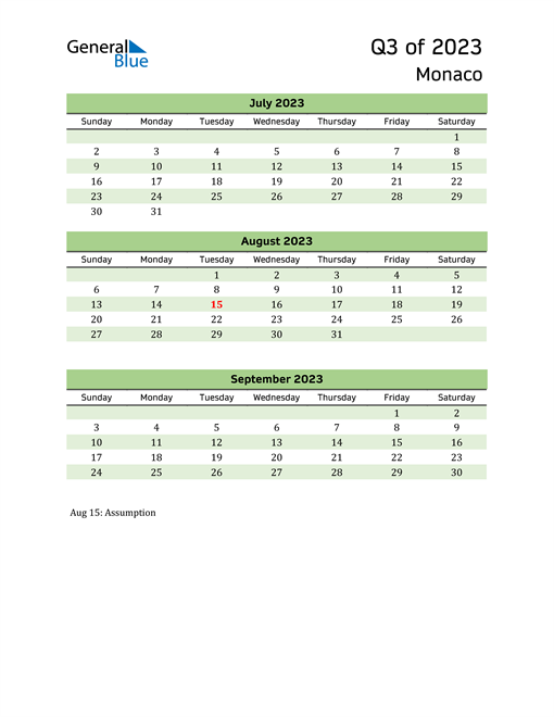  Quarterly Calendar 2023 with Monaco Holidays 