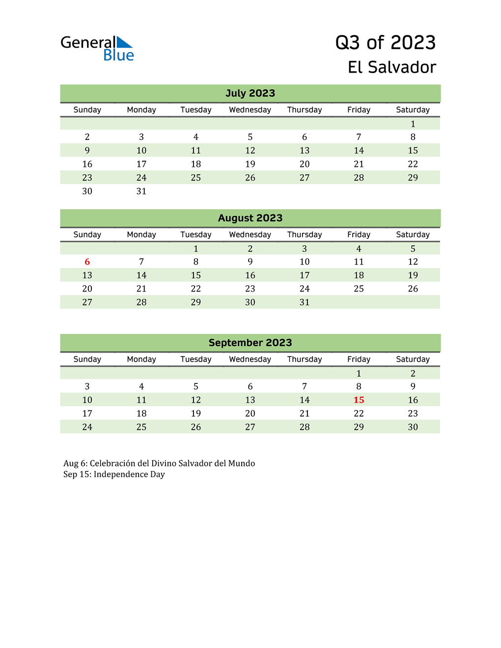  Quarterly Calendar 2023 with El Salvador Holidays 