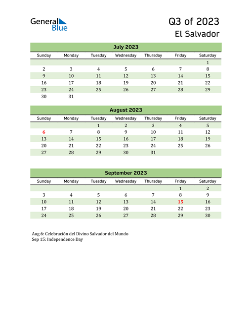  Quarterly Calendar 2023 with El Salvador Holidays 