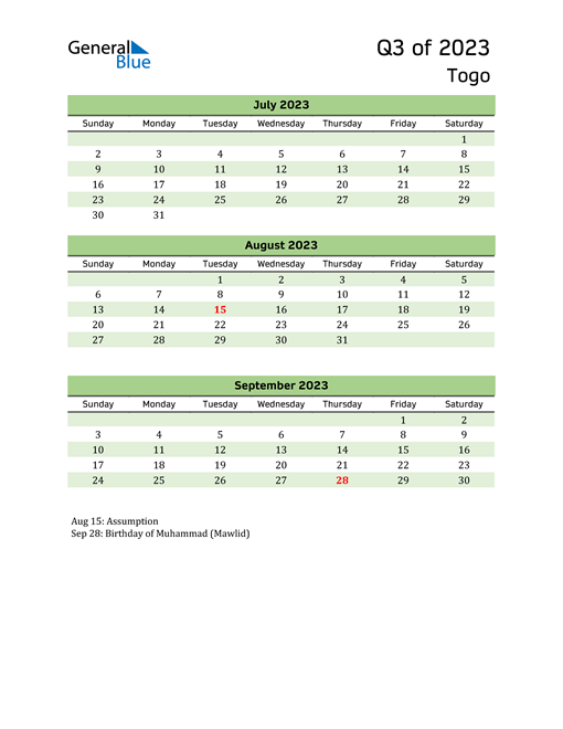  Quarterly Calendar 2023 with Togo Holidays 