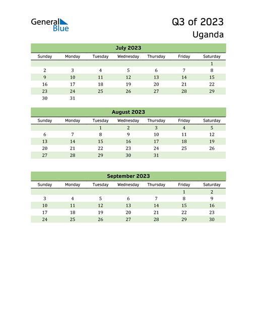  Quarterly Calendar 2023 with Uganda Holidays 