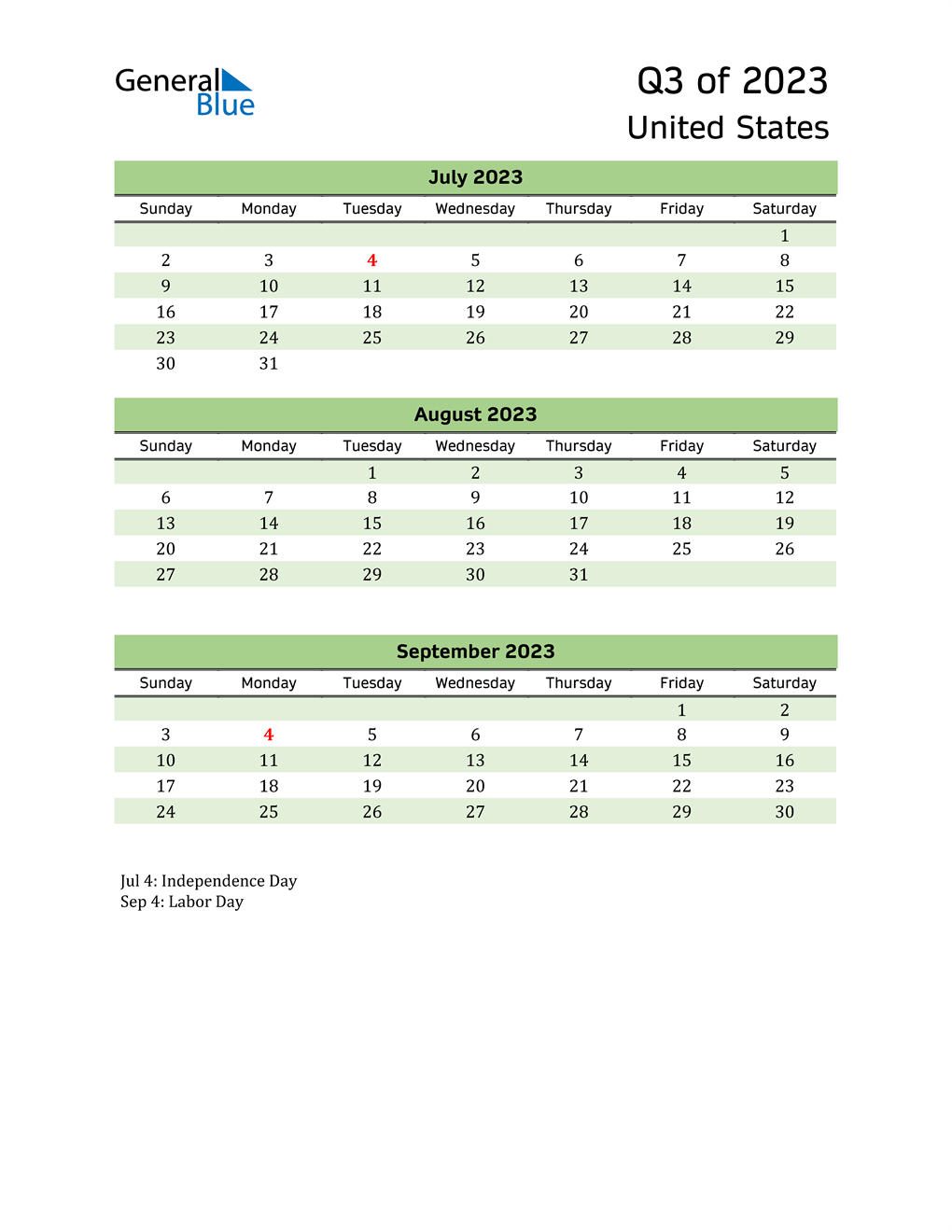  Quarterly Calendar 2023 with United States Holidays 