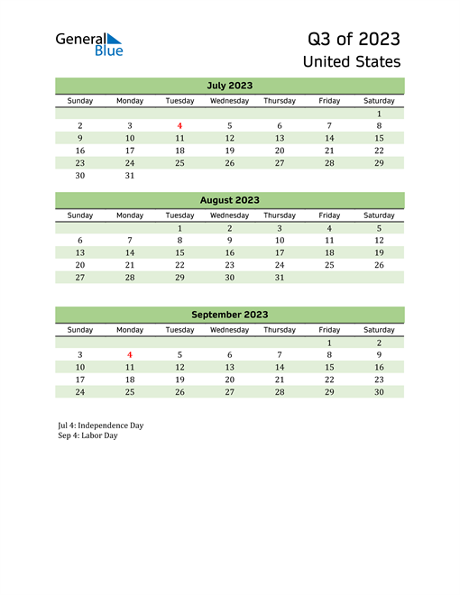  Quarterly Calendar 2023 with United States Holidays 
