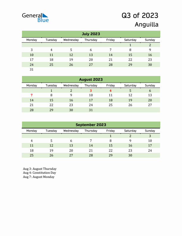 Quarterly Calendar 2023 with Anguilla Holidays
