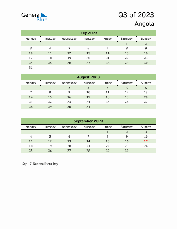 Quarterly Calendar 2023 with Angola Holidays