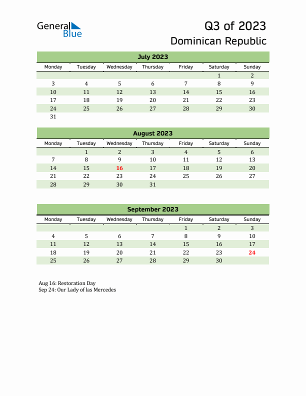Quarterly Calendar 2023 with Dominican Republic Holidays