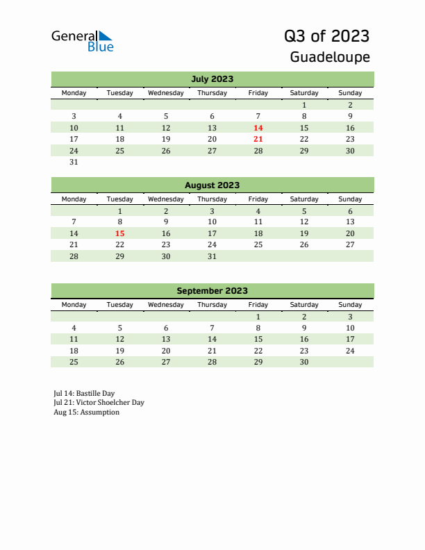 Quarterly Calendar 2023 with Guadeloupe Holidays