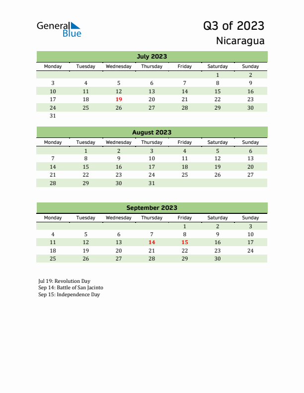 Quarterly Calendar 2023 with Nicaragua Holidays